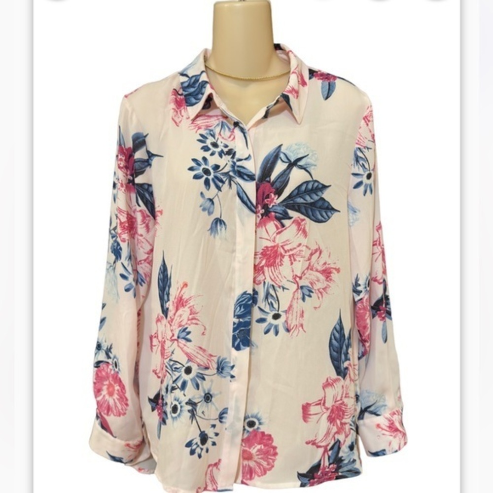 CECE PINK MULTI-COLOR FLORAL PRINT LONG SLEEVE BLOUSE